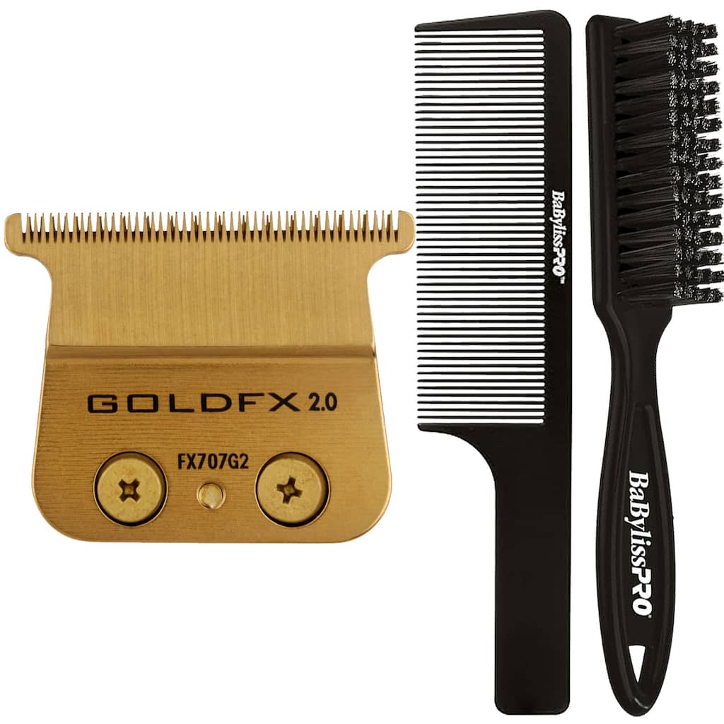 Babyliss Pro Gold FX707G2 Replacement Deep Tooth T-Blade 2.0MM + BaByliss Pro Fade Brush BPFADEB + BaByliss Pro 9" Clipper Comb