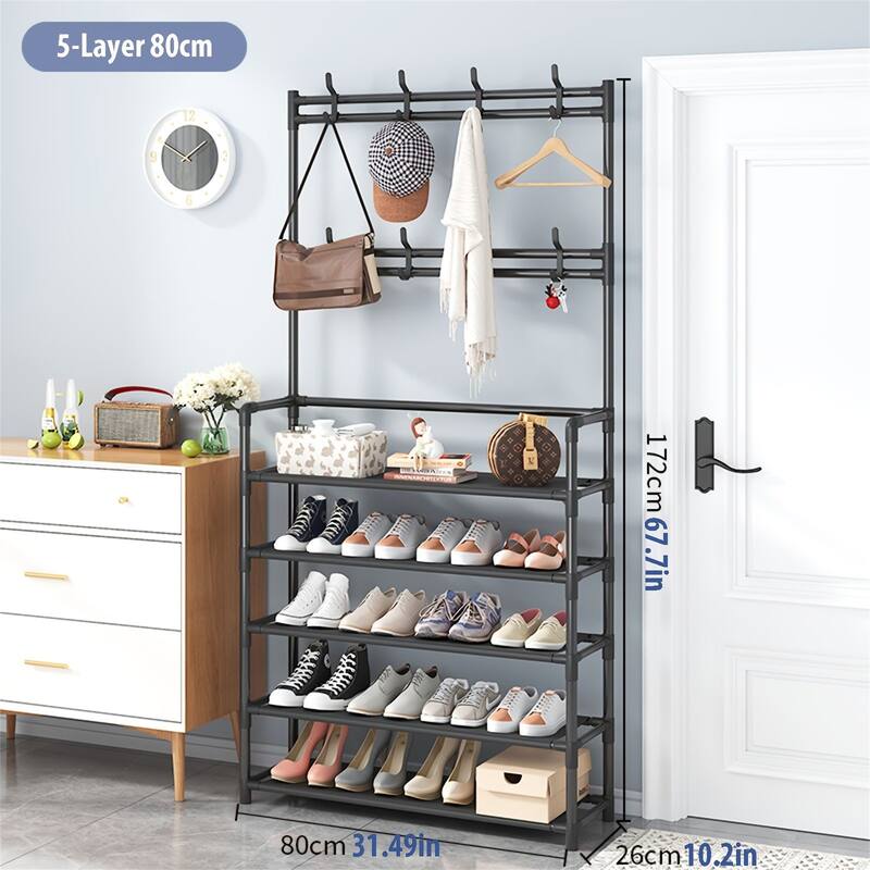 Multifunctional Storage Rack, 4-in-1 Self-Assembled Shoe Rack with Hooks - 5 floors-80cm wide