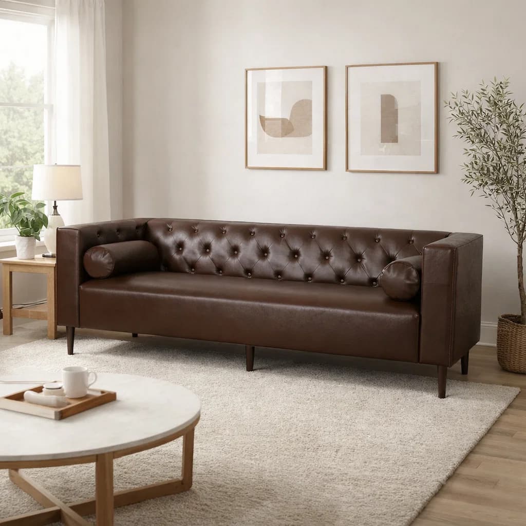 Biya Sofa, 3 Seater, 90 Inch, Tufted Dark Brown Faux Leather, 2 Pillow