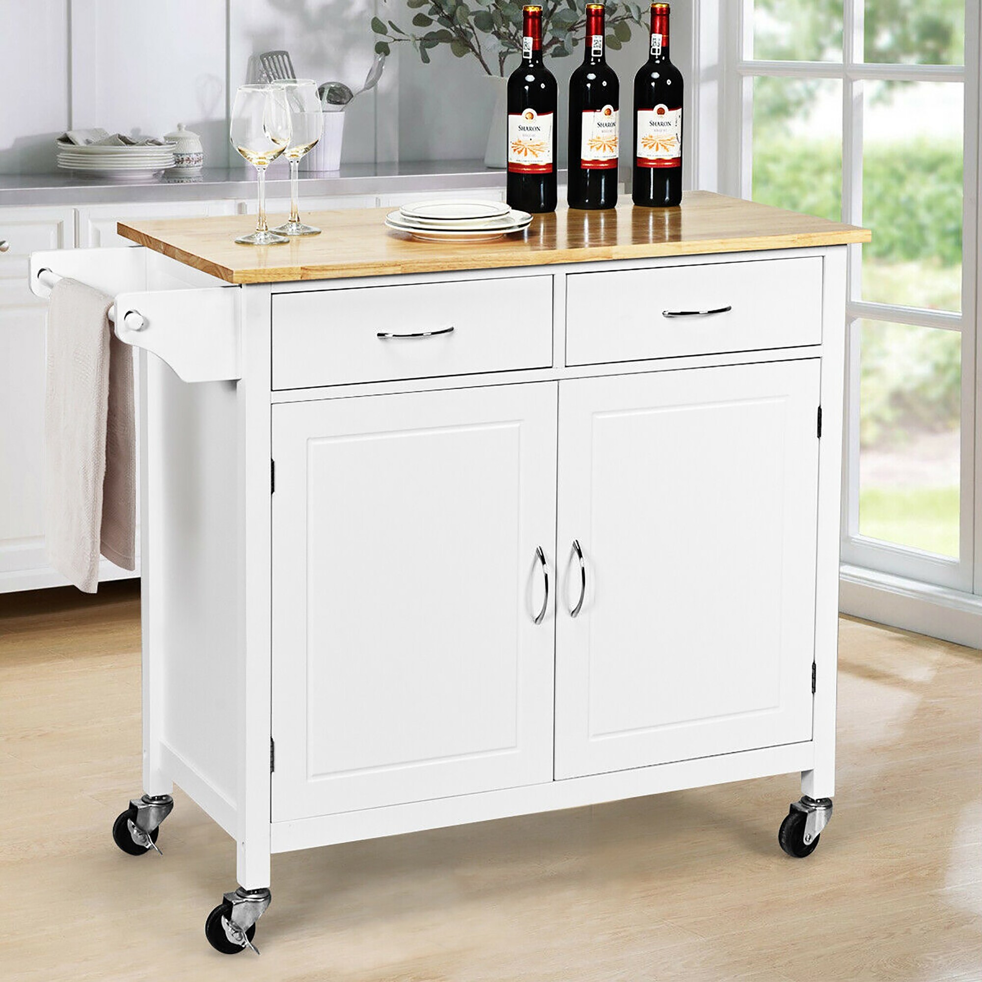 Shop Costway Modern Rolling Kitchen Cart Island Wood Top Storage Trolley On Sale Overstock 24262117