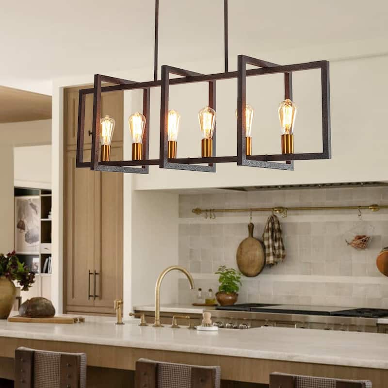 6-Light Black Rectangle Linear Island Pendant Farmhouse - Rusty