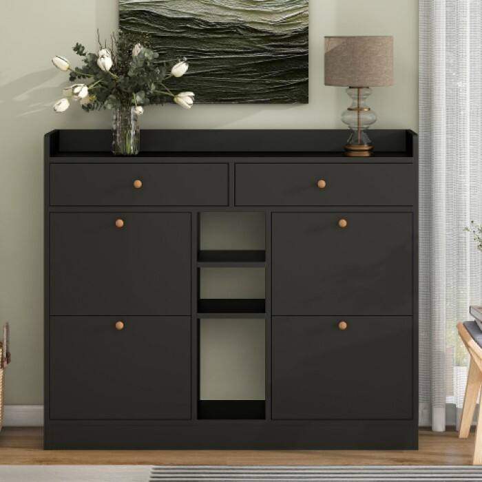 Shoe Storage Cabinet with 4 Flip Drawers,Free Standing Shoe Rack with Adjustable Shelf & 2 Drawers,Entryway Hidden Shoe Cupboard - Black