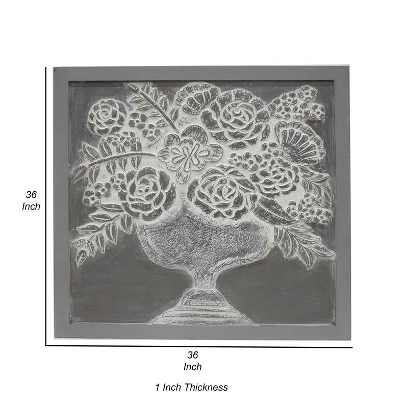 36x36 Inch Wall Art Panel, Carved Flower Vase Design, Gray White Wood