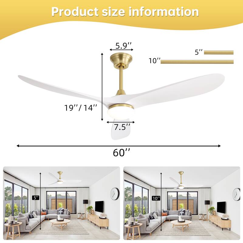 60 Inch Ceiling Fan with Lights, 3 ABS Fan Blades, Quiet Energy Efficient DC Motor, Smart App & Remote Control - 60 Inches