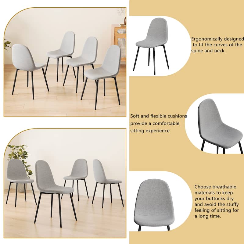 Linen 4 Piece Kitchen Dining Chair Set with Upholstered Cushion, Black Metal Legs for Dining Room Living Room Office Bedroom