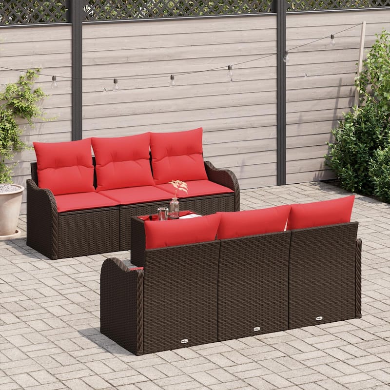 vidaXL 7 Garden Sofa Set with Cushions Black/Brown/Grey Poly Rattan - 69.3 x 24.4 x 27.2