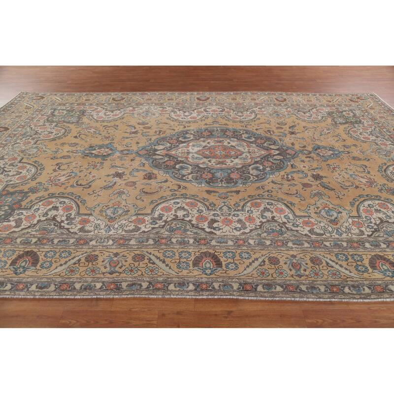 Hand Knotted Oriental 100% Wool Carpet Traditional Floral Peach Mashad Area Rug - 12' 7'' X 8' 10''