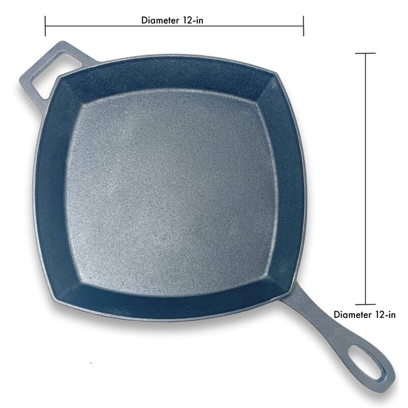 Bayou Classic 12 Inch Square Cast Iron Cooking Skillet Pan with Helper Handle - 7.82