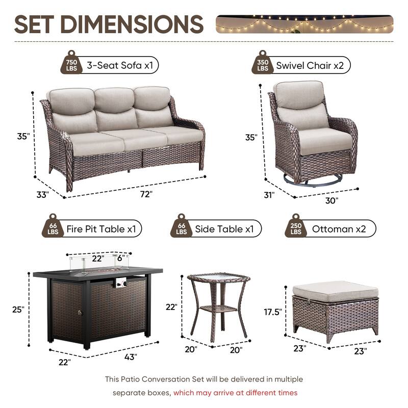 Pocassy 6/7 Piece Patio Sofa Swivel Chair Set with 43" Fire Pit Table