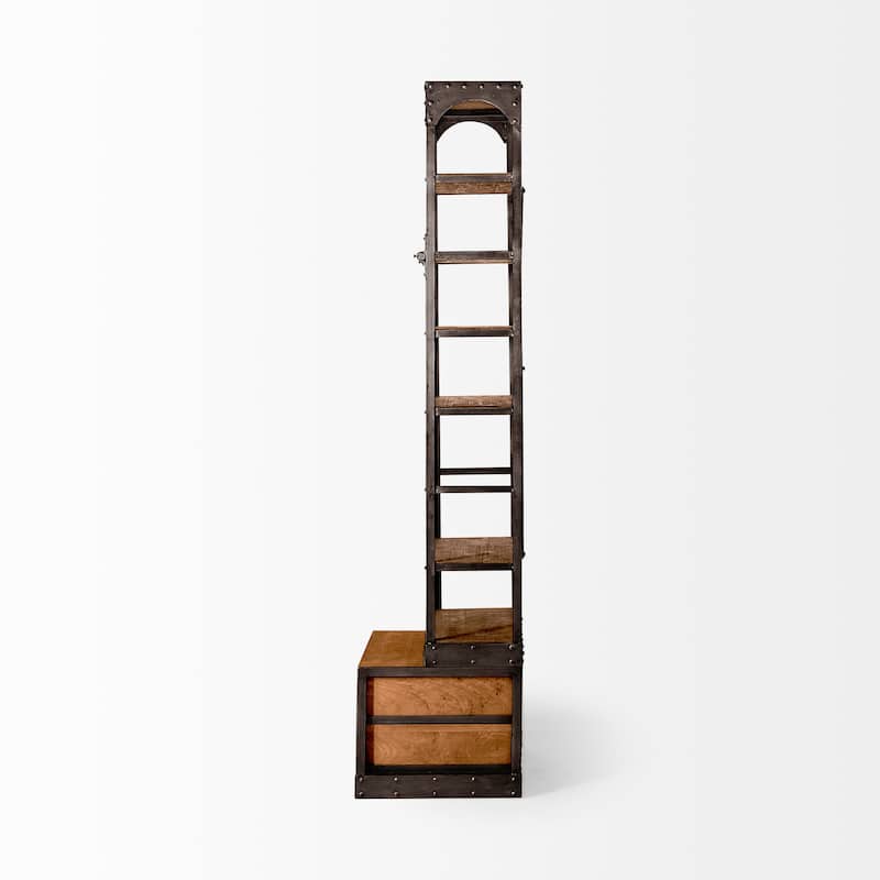 Brodie I Medium Brown Solid Wood w/ Bronze Iron Frame & Ladder Shelving Unit - 32.0L x 22.0W x 94.0H