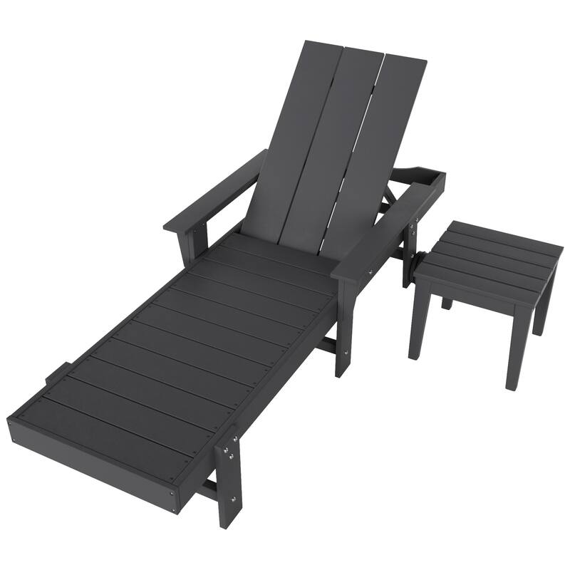 Polytrends Shoreside Modern Poly Eco-Friendly All Weather Reclining Chaise Lounge With Arms, Wheels, & Side Table (2-Piece Set)