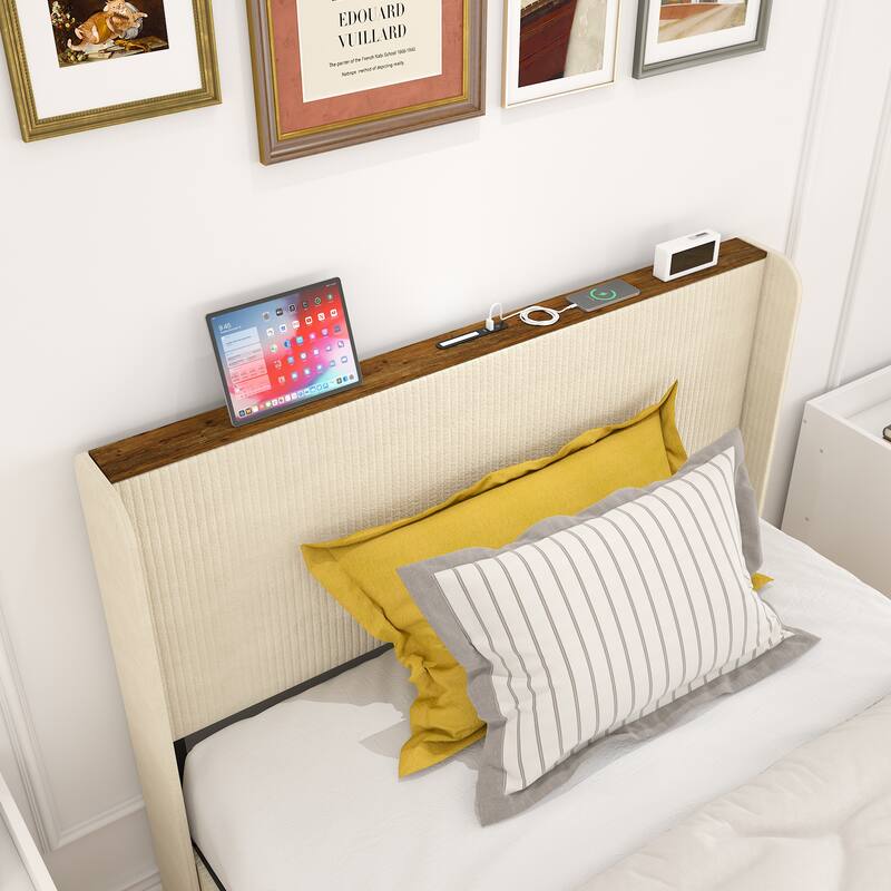 Queen Size Metal Platform Bed with Charging Station, No Box Spring Needed, Easy Assembly, Noise Free