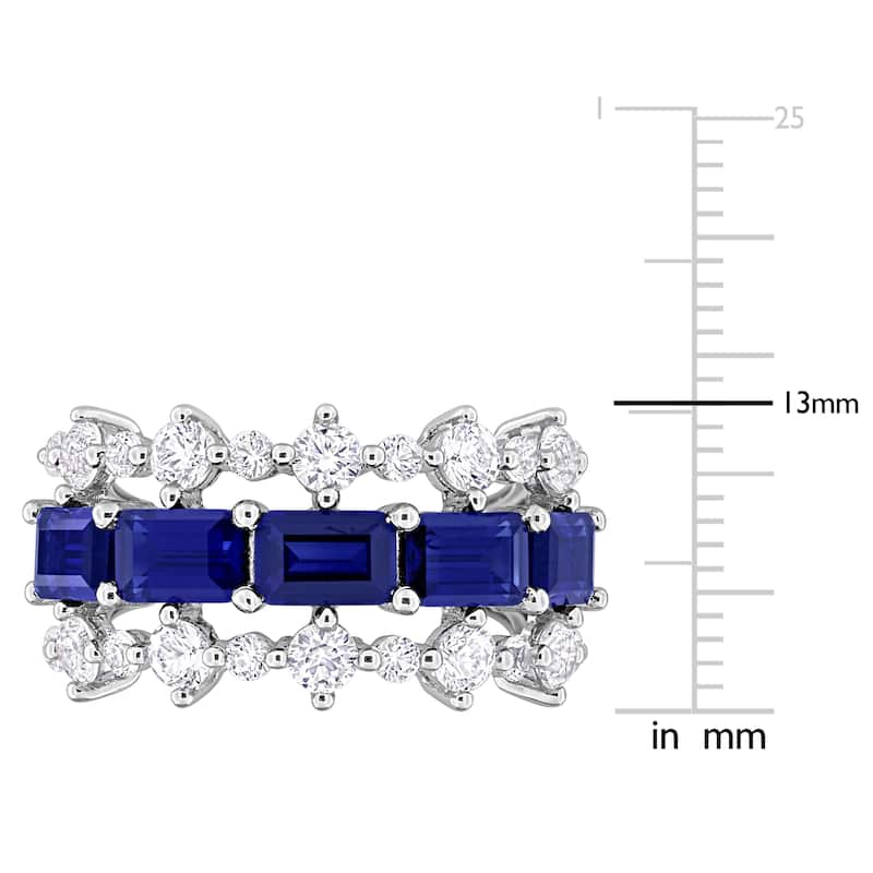 Miadora 6 4/5ct TGW Created Blue Sapphire and Created White Sapphire Three Row Ring in Sterling Silver