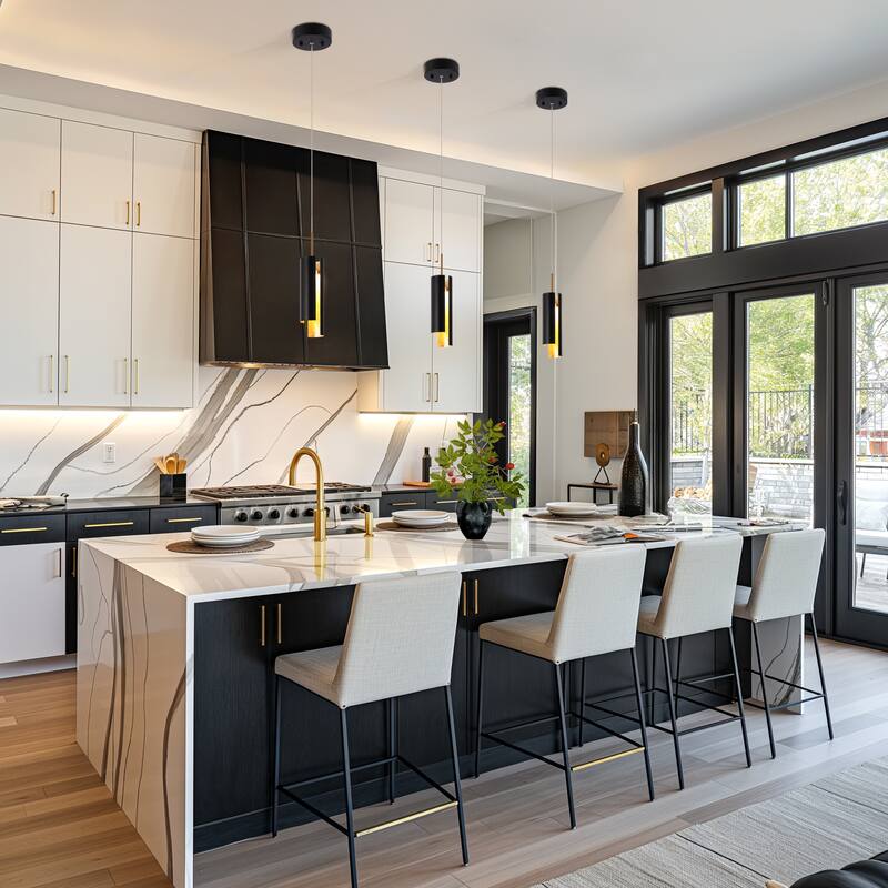 Black While 1-Light Modern Brass Gold LED Pendant Light Fixture for Kitchen Island - 3 x 3 x 14.3