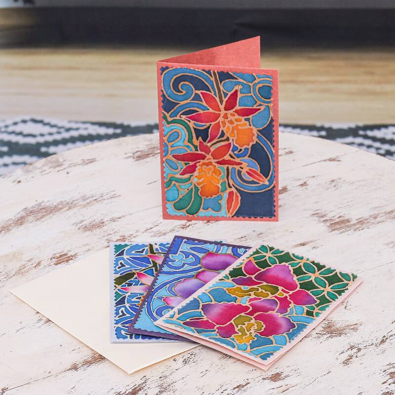 Novica Handmade Intense Orchids Cotton And Paper Greeting Cards (Set Of 4)