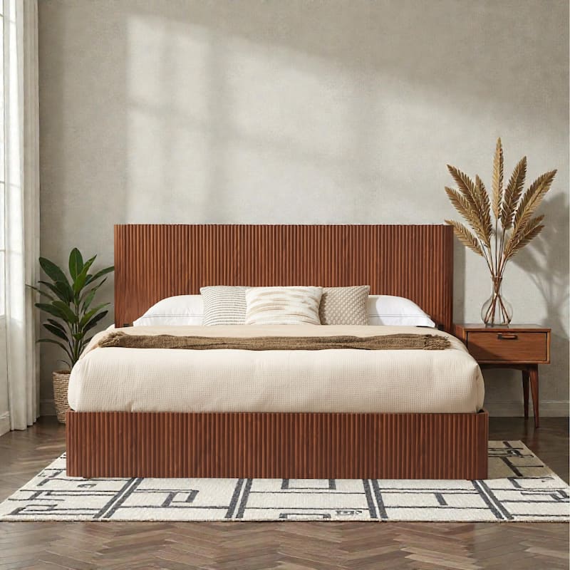 Lift Up Storage Platform Bed with Hydraulic Mechanism, Curved Corrugated Wooden Panels, No Box Spring Required