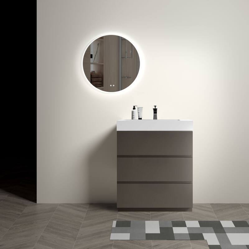 GDFStudio - Alice Walnut Freestanding Bathroom Vanity with One-Piece Matte Black Sink, Modern Handle-Free Design, Pre-Assembled