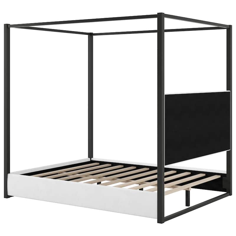 Queen Size Canopy Platform Bed Striped Upholstered Headboard Wingback Bed Metal Four Poster Bed Frame
