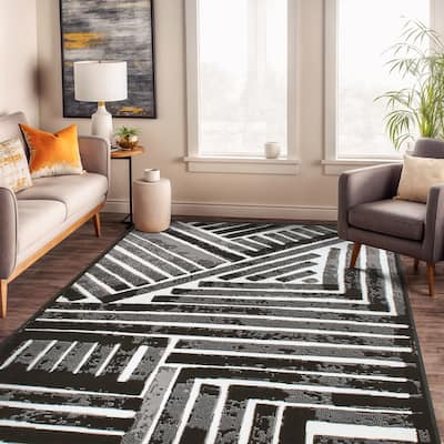 World Rug Gallery Contemporary Stripe Design Black/Gray/Ivory Area Rug