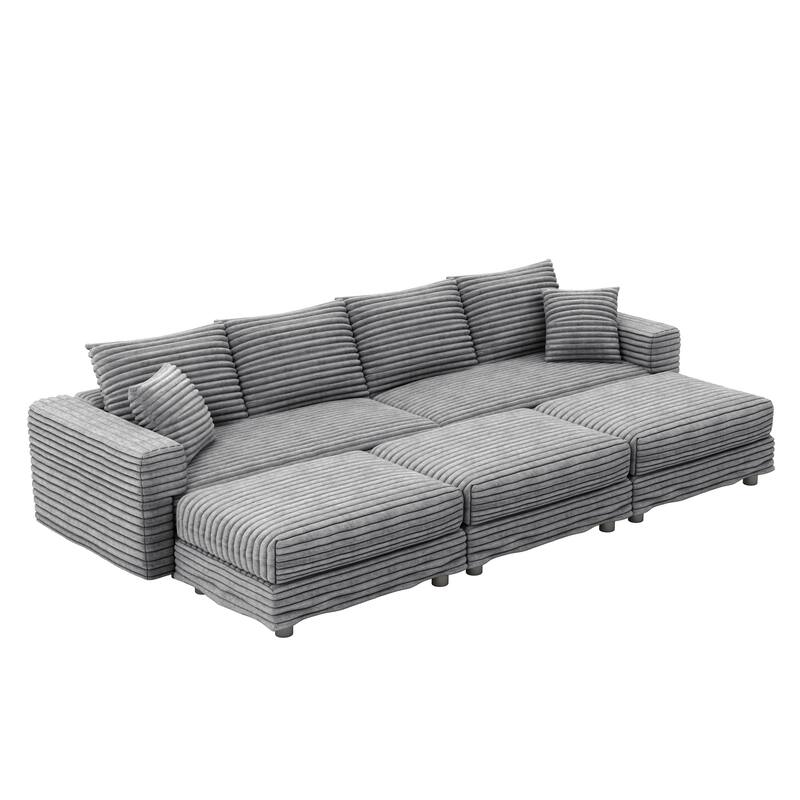 Modern Corduroy Upholstered Sectional Sofa for Living Room, Square Armrest Couch with 3 Ottomans, Convertible Lounge Chair