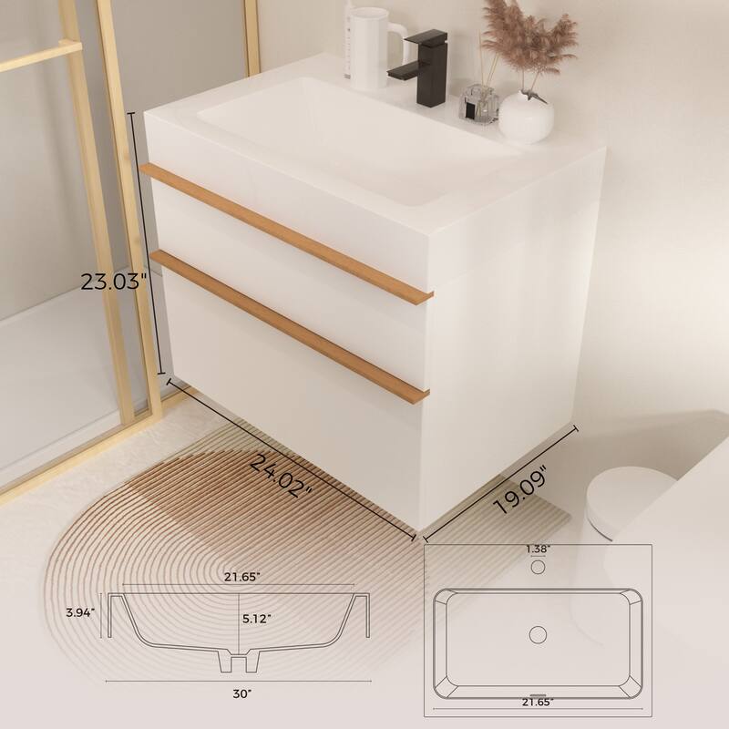 24 Inch Wall Mounted Bathroom Vanity with Integrated Acrylic Sink, 2 Soft-Close Drawers, Pre-Assembled,Modern Floating Cabinet