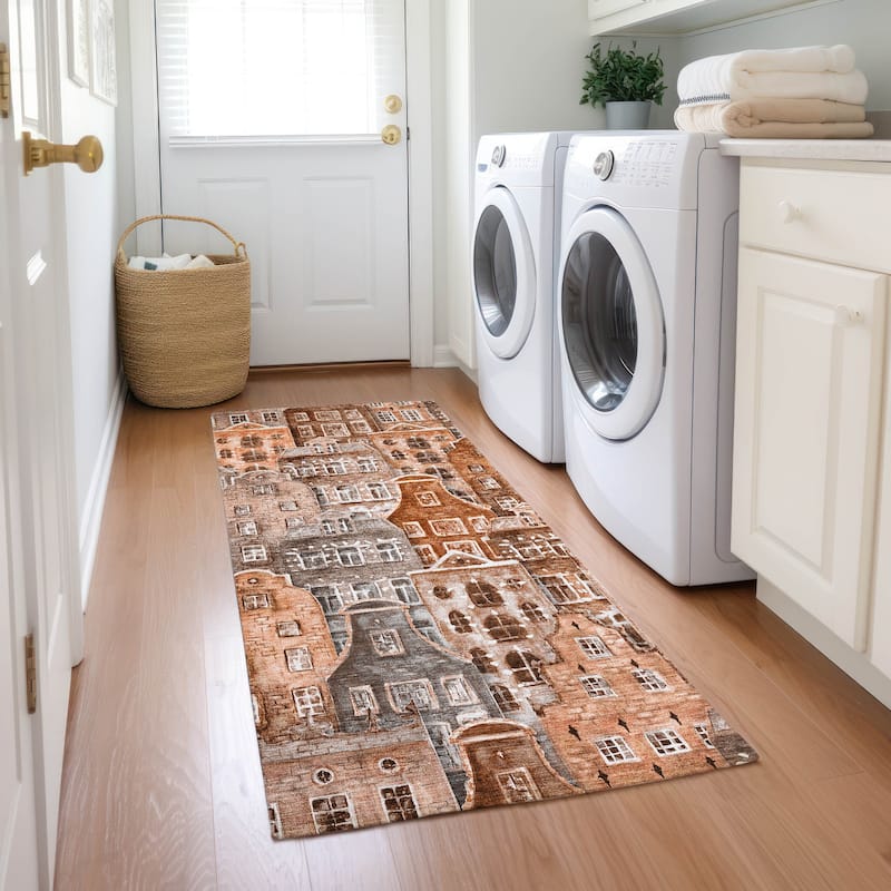 Machine Washable Indoor/ Outdoor Chantille Modern City Rug - Paprika - 2'3" x 7'6"
