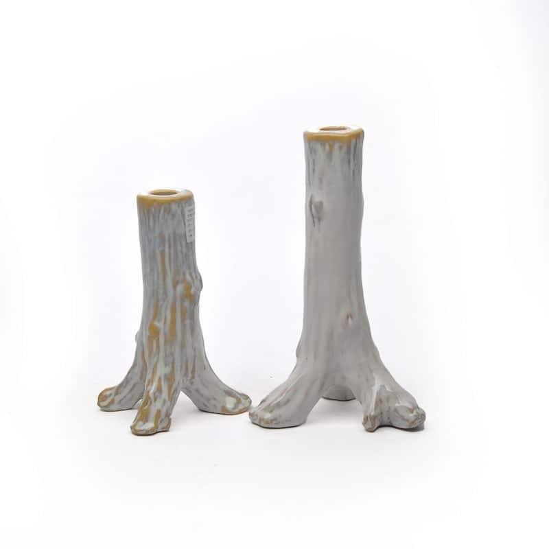 Gray Glazed Ceramic Candlestick Set of Two Rustic Shabby Branch Style - Off-White