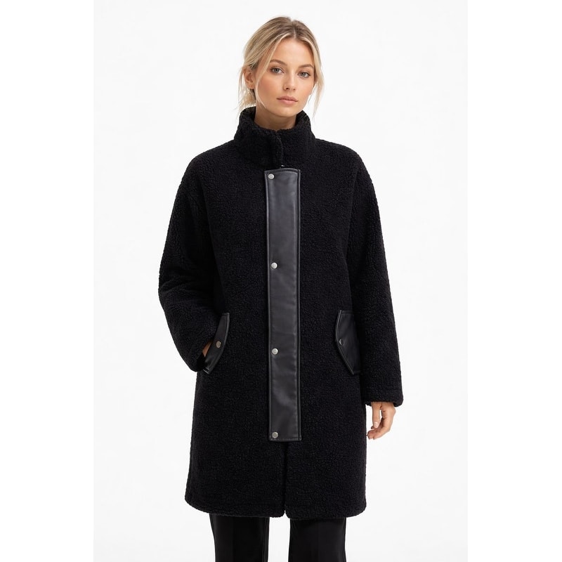 Rebecca Minkoff Faux Sherpa and Leather Funnelneck Coat
