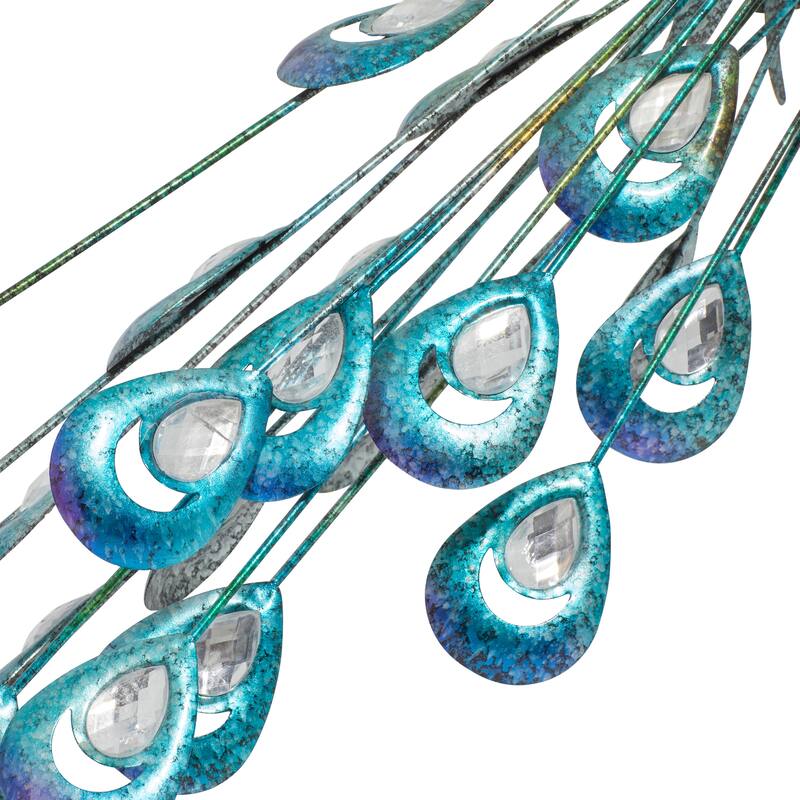 Teal Metal Indoor Outdoor Peacock Decorative Garden Sculpture with Crystal Accents