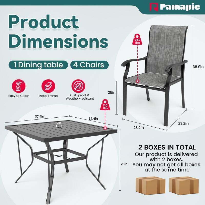 5-Piece Metal Outdoor Patio Dining Set with 4 Textilene Chairs and Square Table