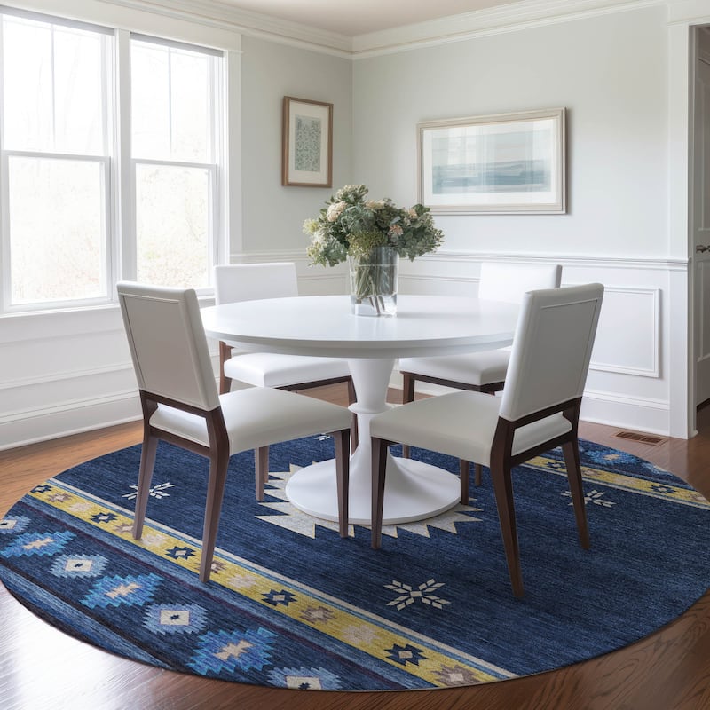 Premium Washable Super Soft Boho Tribal Mayfield Rug - Blue - 8' x 8' - Round