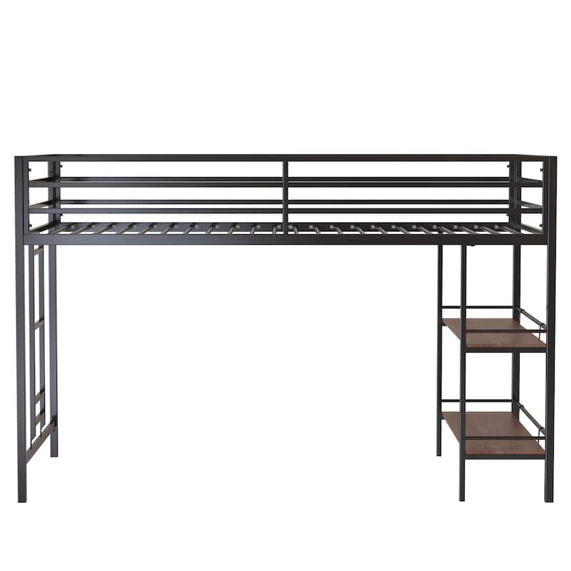 Sturdy Junior Twin Size Loft Platform Bed Frame with Cinnamon Wood Shelf and Easy Climbing Ladder, Space-Saving Design