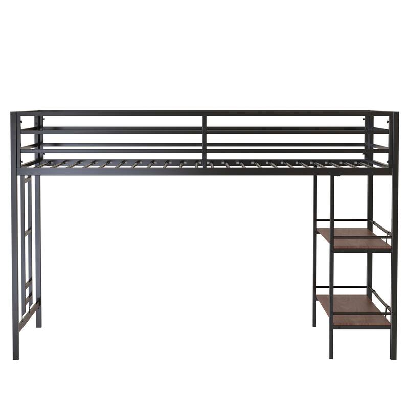 Twin size Metal Junior Loft Bed with Shelf, Guardrails and Ladder and Space-Saving Kids Bed Frame