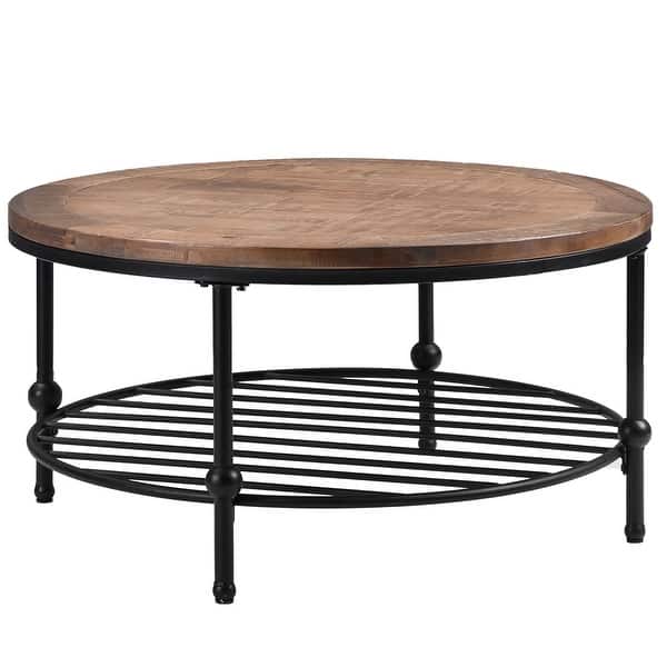 Rustic Natural Round Coffee Table With Storage Shelf For Living Room Overstock 30954942