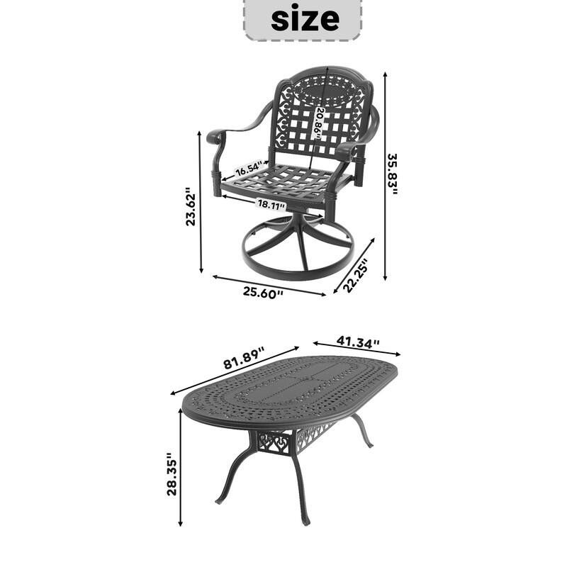 7-Piece Aluminum Oval Outdoor Patio Dining Set, 6 Cushioned Swivel Chairs, Table, All-Weather Frames