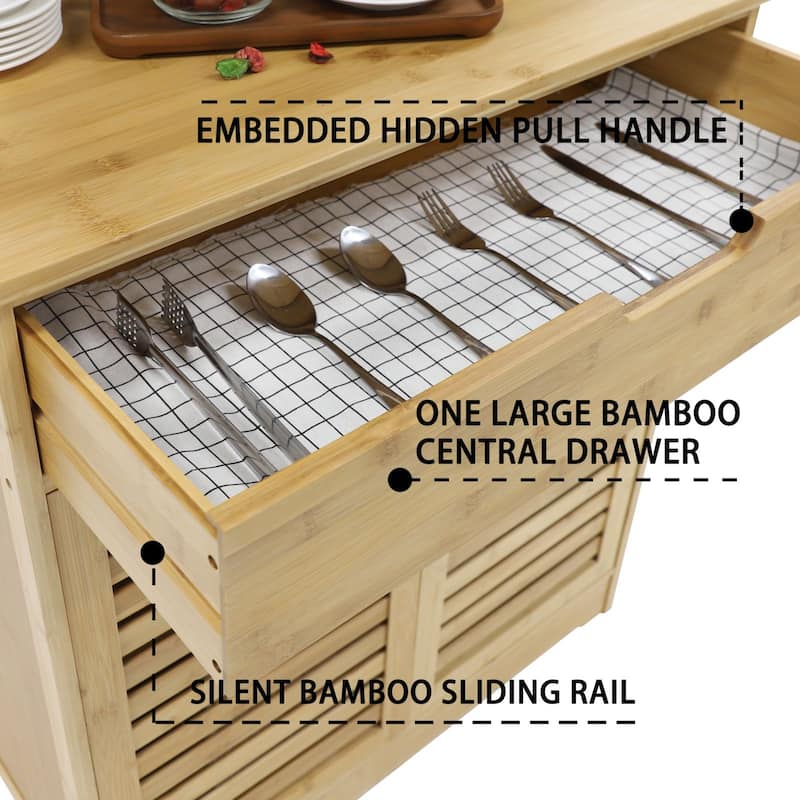 VEIKOUS 72'' Magnetic Door Stopper Hollow-Carved Bamboo Door Kitchen Storage Cabinet with Drawer Worktop, Removable Bamboo Shelf