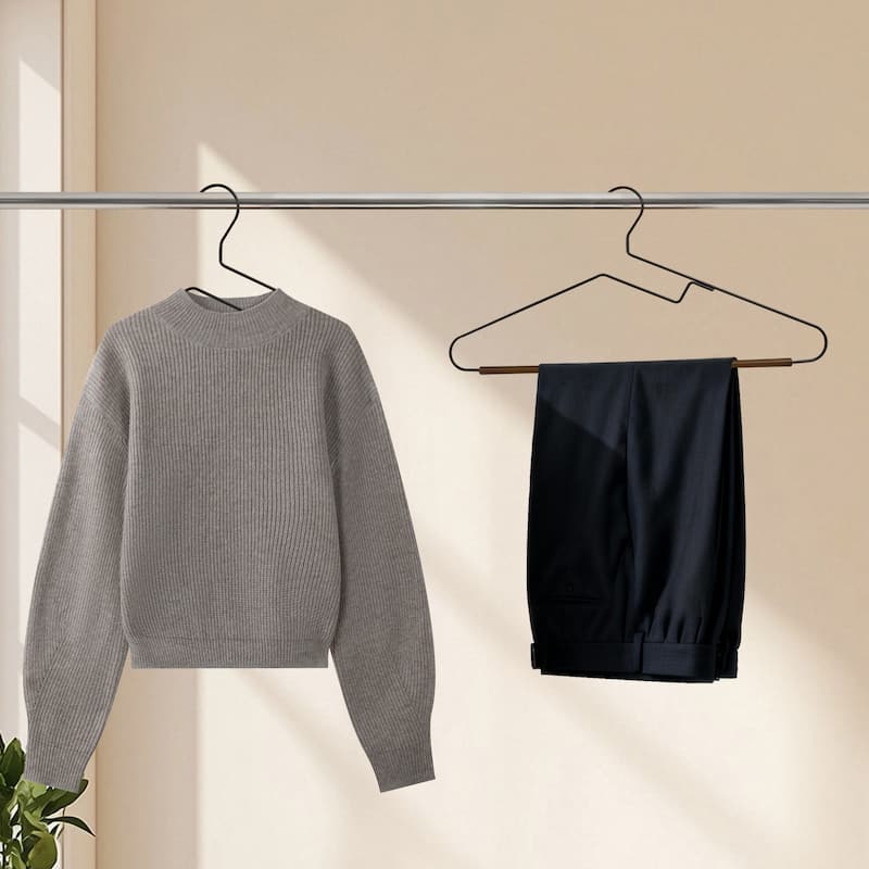 BP4U S-Shaped Opening Metal Coat Hangers with Wooden Pants Bar, Reinforced Wire Clothers Hangers for Sweaters, Shirts
