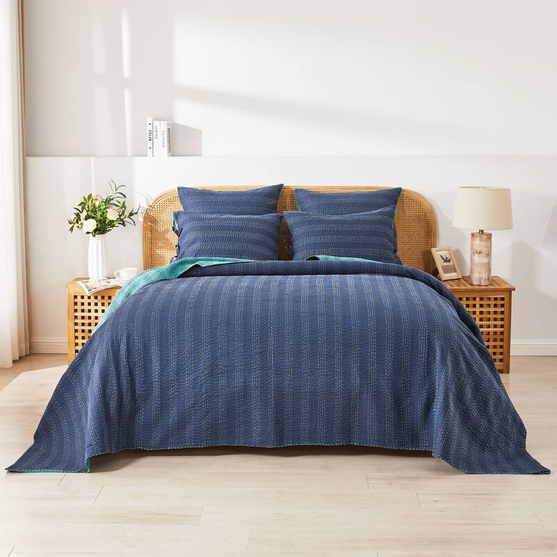 Melange Hand Stitched Kantha Reversible Navy/Turquoise Coverlets and Shams