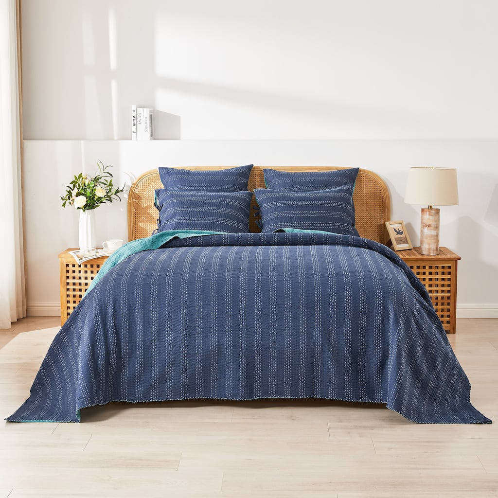 Melange Hand Stitched Kantha Reversible Navy/Turquoise Coverlets and Shams