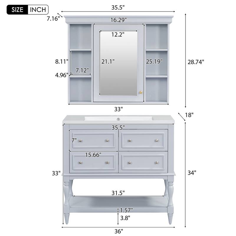 36 inch MDF Freestanding Bathroom Vanity Set with Integrated Resin Sink with Mirror cabinet