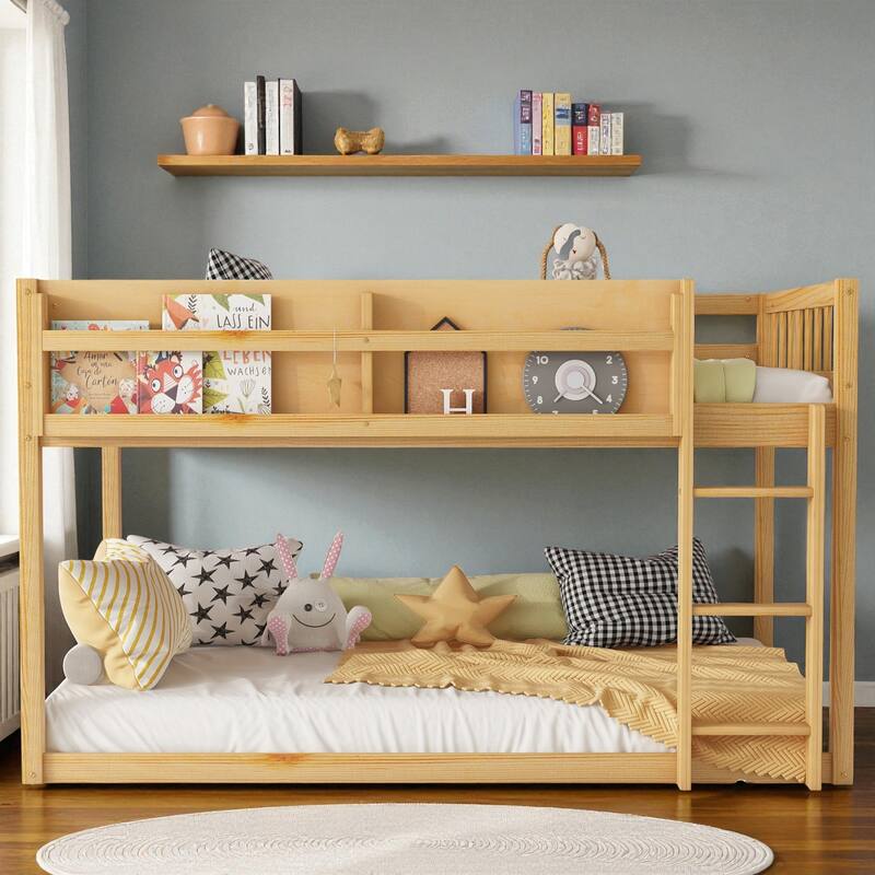 Low Twin Over Twin Floor Bunk Bed with Ladder and Shelf, Solid Wood Convertible Bunk Bed for Kids and Juniors