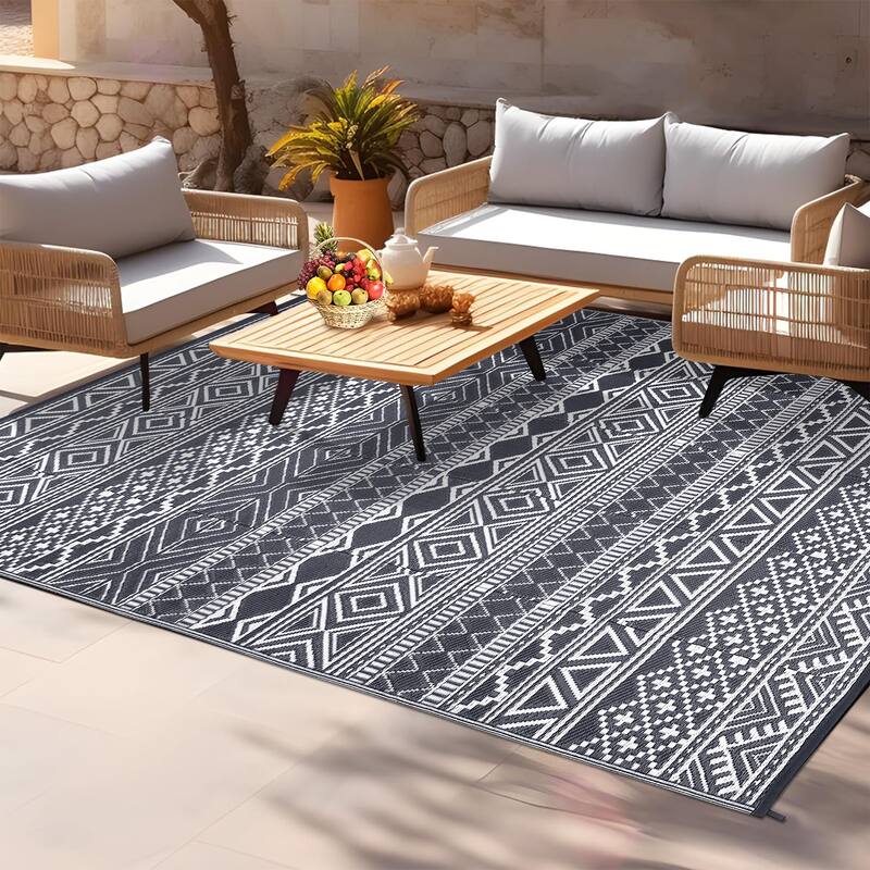 Outdoor Rug Waterproof Patio Rug Mat Geometric Rug Plastic Straw Outside Rug for RV Camping Picnic Reversible Rug