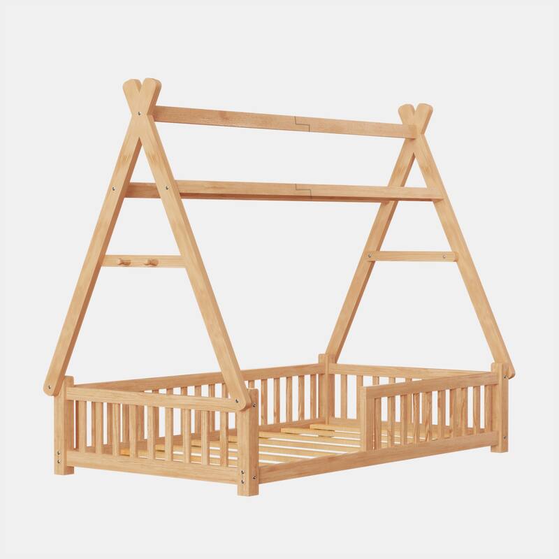 Twin Size Low House Tent Bed with Removable Roof Convertible Floor Bed with Fence, No Door for Kids Boys Girls