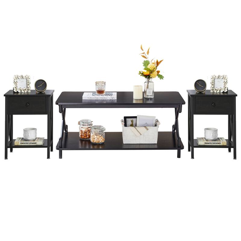 VECELO 3-piece Coffee Table Set with Shelf, Coffee Table with Set of 2 Nightstands - Black Sets