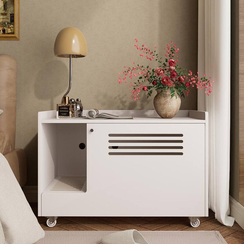 White Cat Litter Box Enclosure,Hidden Litter Box Furniture with top side fence