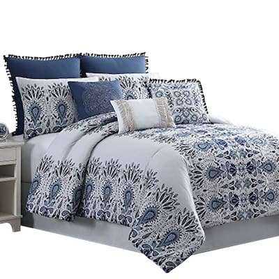 Constan?a 8 Piece King Comforter Set with Floral Print The Urban Port, Blue and White