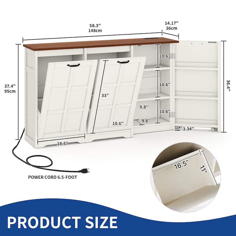 Moasis Kitchen Island with Double Tilt Out Trash Cabinet(13 Gallon) with Adjustable Shelves and Charging Station
