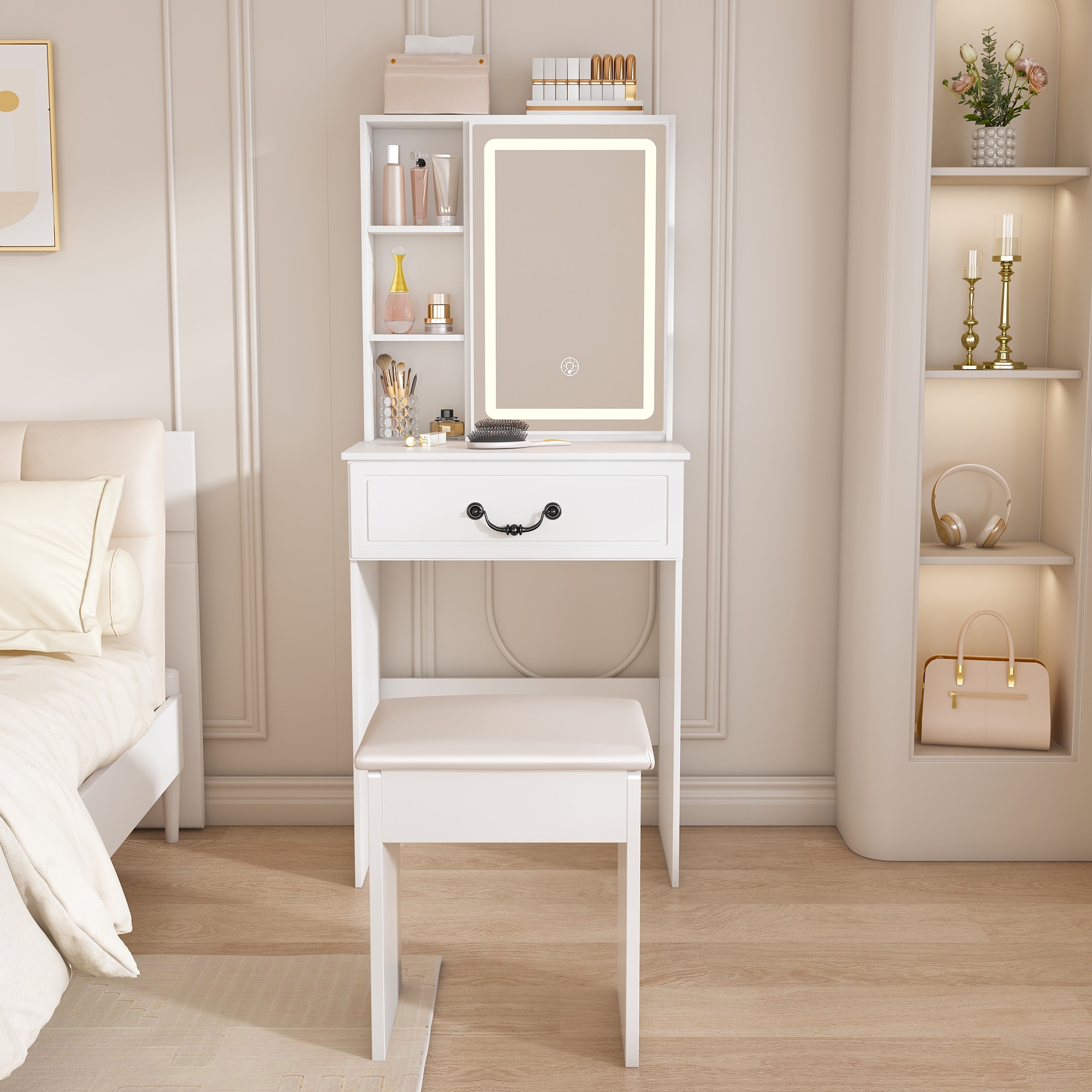 Modern Mini Dressing Table with LED-lit Mirror and Hidden Storage,Includes Padded Stool,Adjustable Brightness Vanity Desk