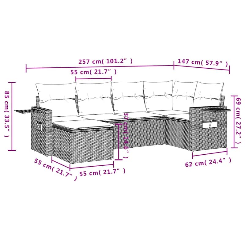 vidaXL 6 Piece Patio Sofa Set with Cushions Black Poly Rattan - 21.7x27.2x24.4-Without table