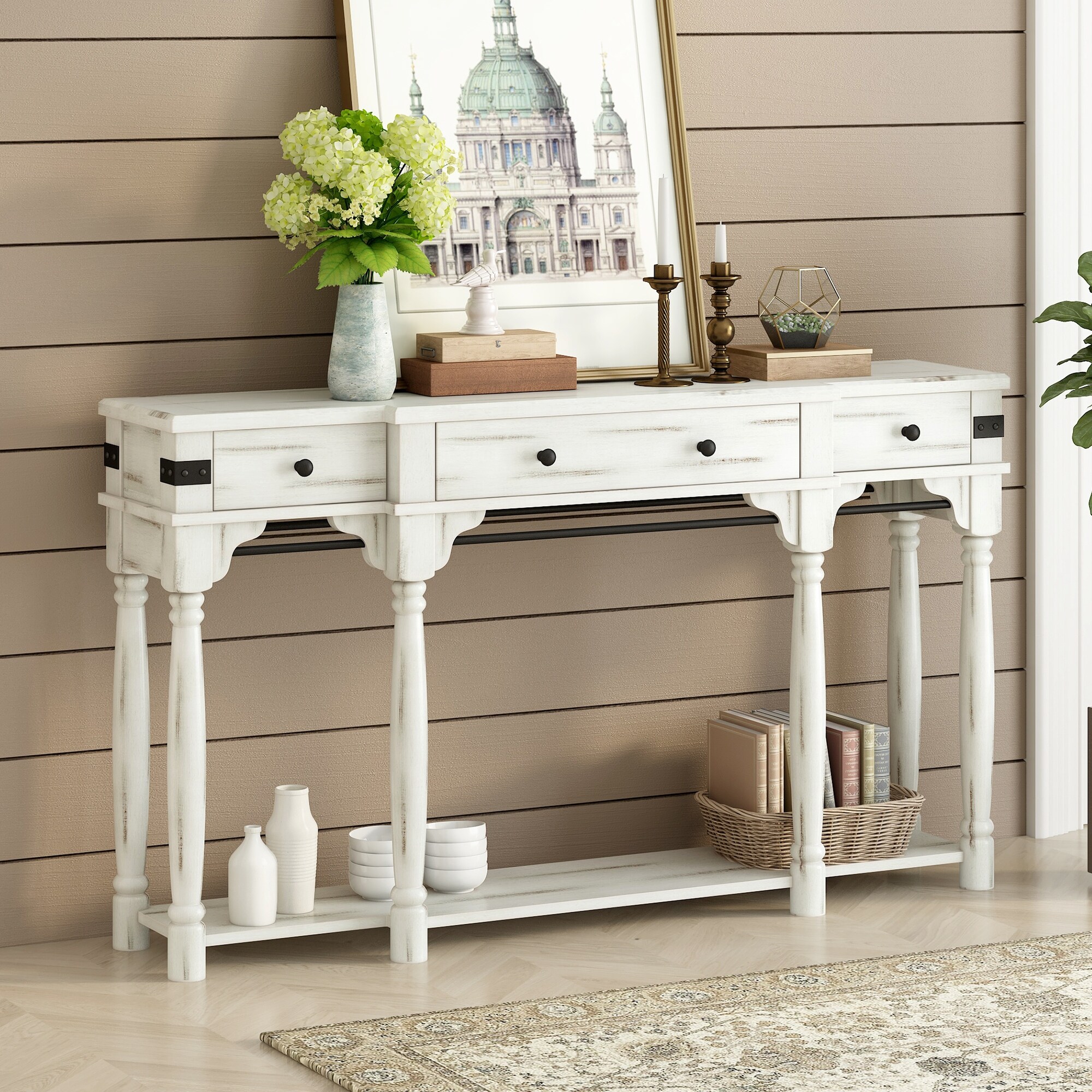Console Table Retro 60 Inch Entryway Table With Storage, Creamy White - Bed  Bath & Beyond - 38168945
